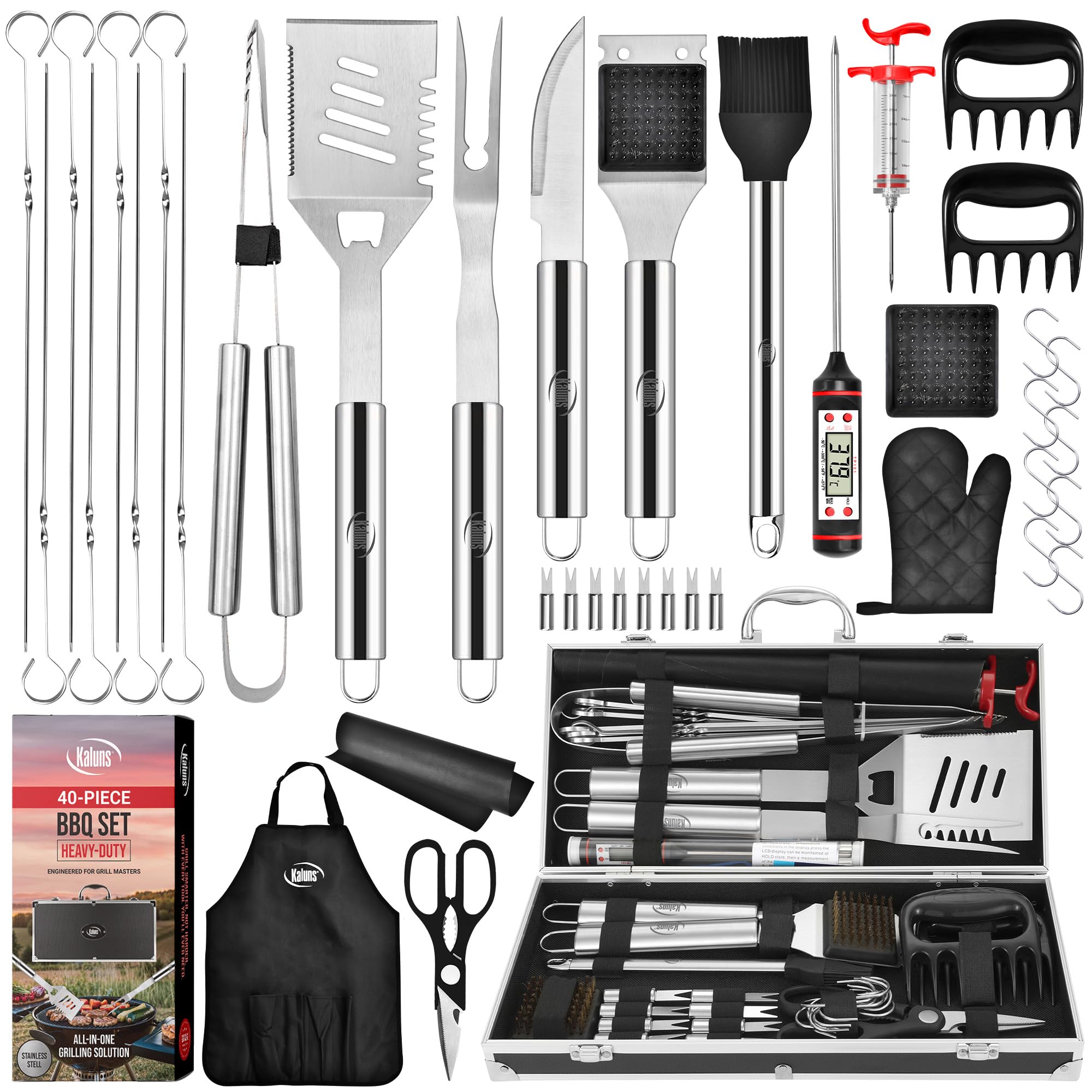 Kaluns 40-piece grill set in case for organized outdoor cooking.