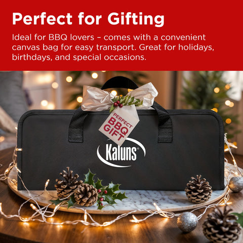 Kaluns apron and glove set protects you during outdoor cooking.