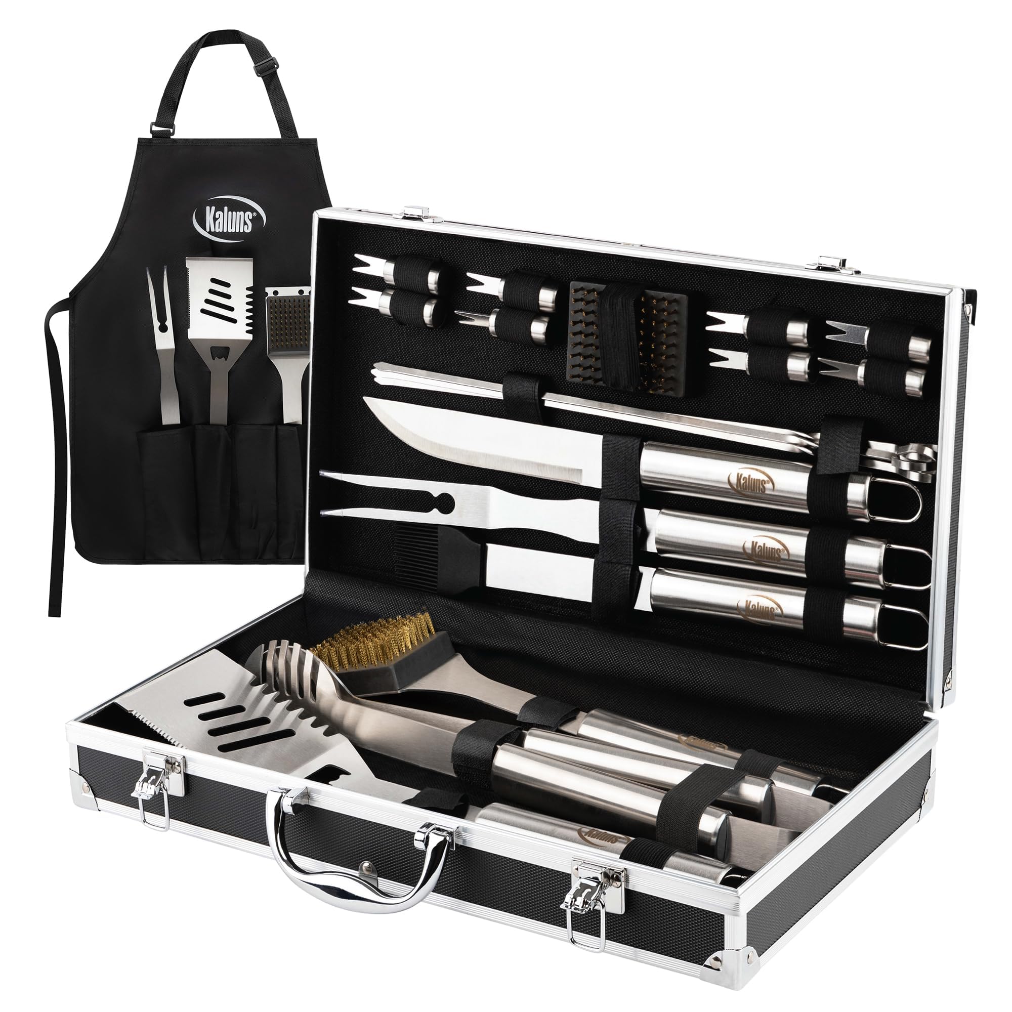 Kaluns apron with four pockets keeps grilling gear organized at outdoor barbecues.
