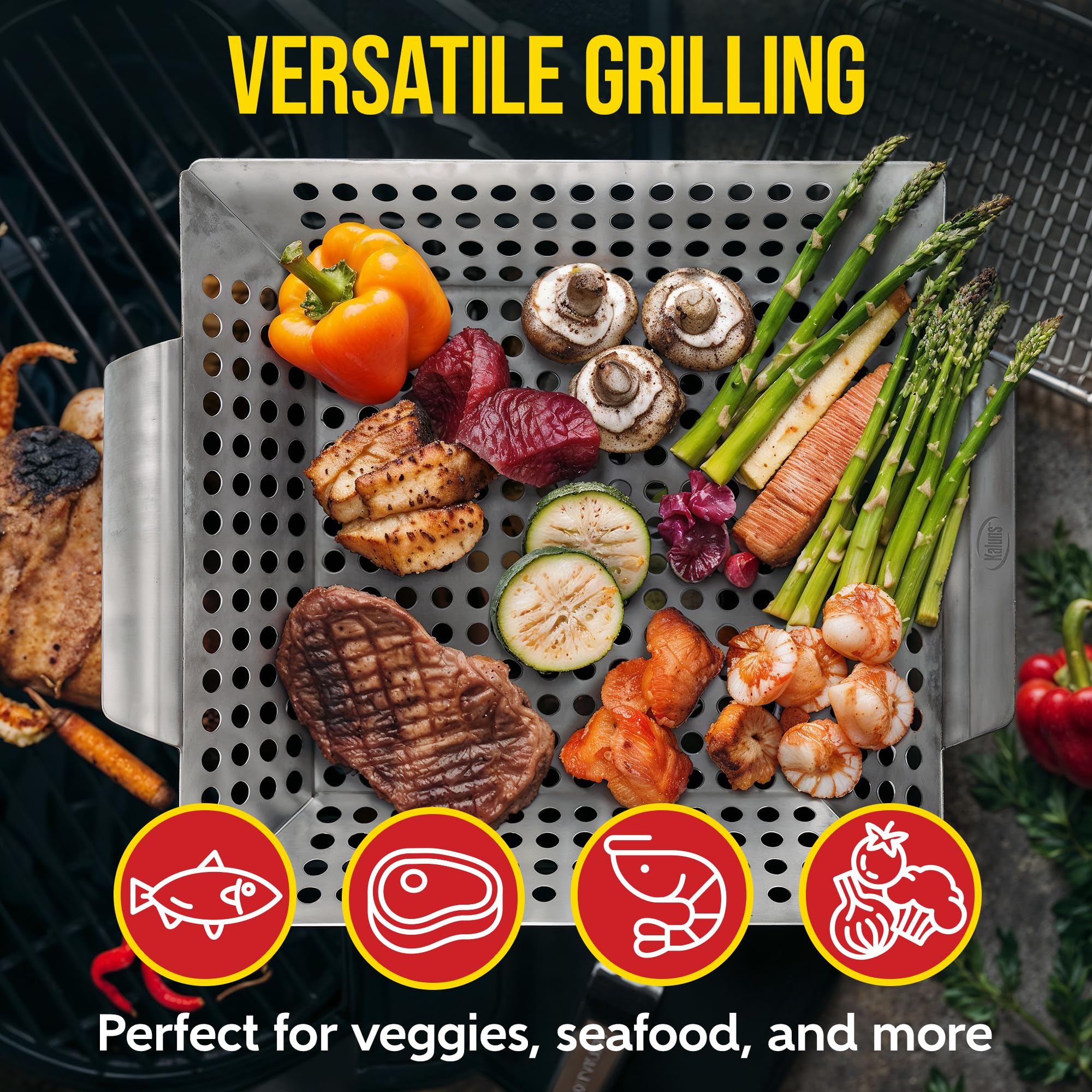 Kaluns dishwasher-safe grill basket simplifies cleanup after barbecuing vegetables.
