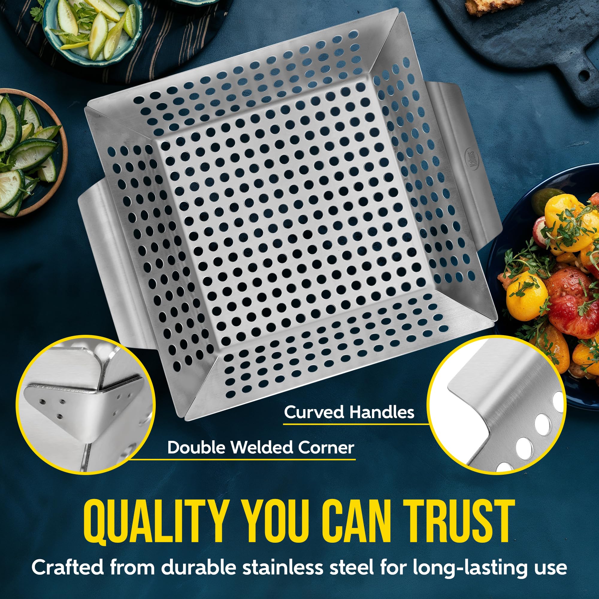 Kaluns even-heat grill basket distributes heat for consistent browning.