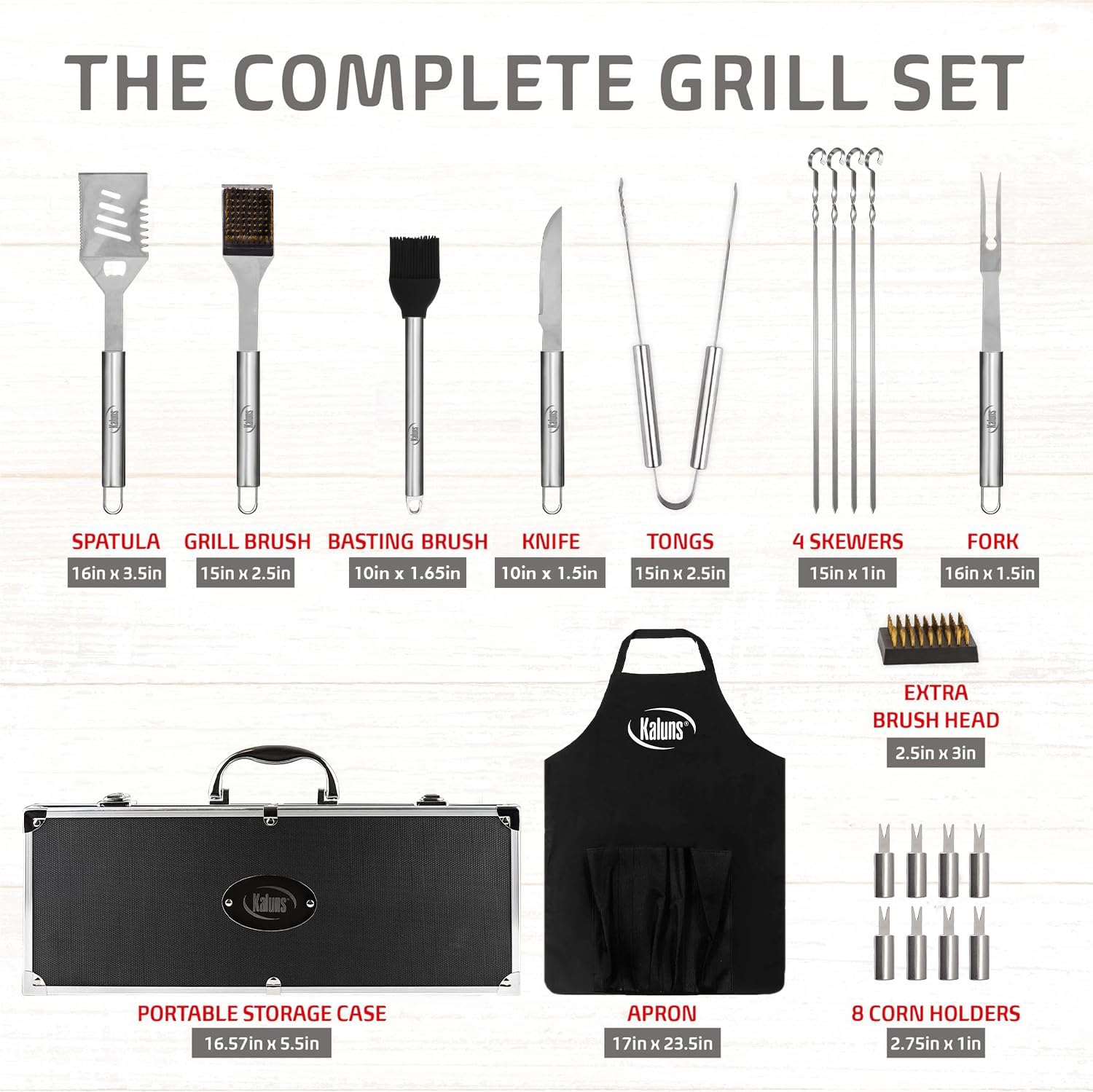 Kaluns grill tongs, fork, and knife offer sturdy control for precise cooking.