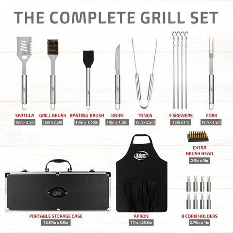 Kaluns grill tongs, fork, and knife offer sturdy control for precise cooking.