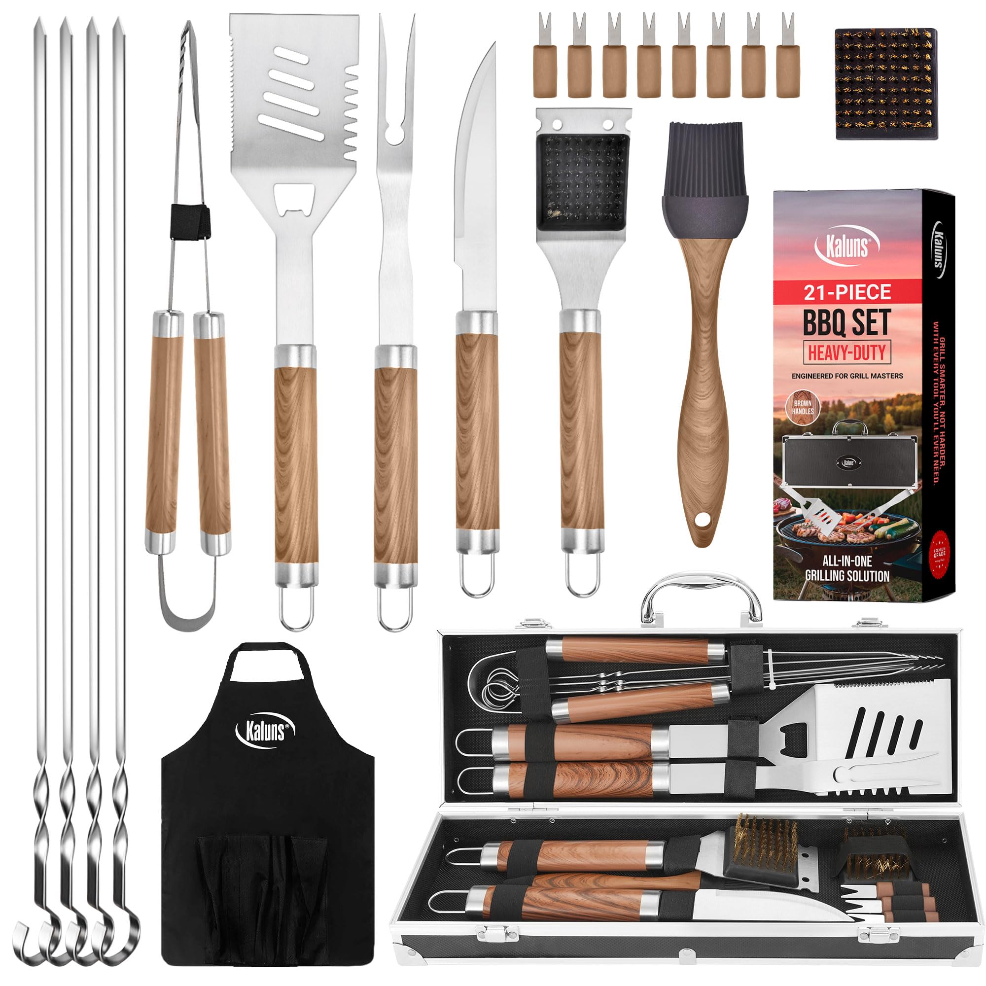Kaluns grilling apron with pockets keeps tools organized during outdoor cookouts.
