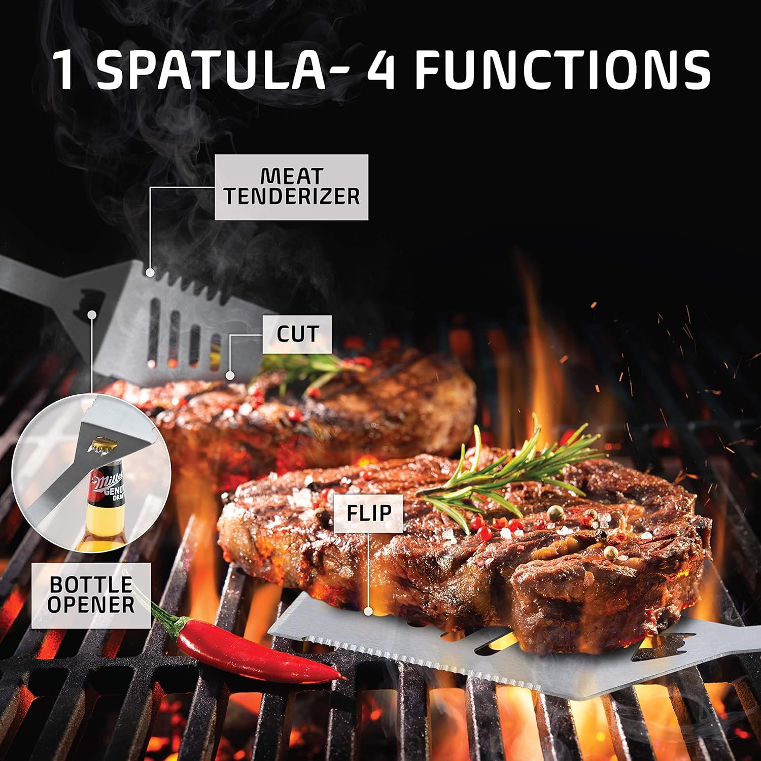 Kaluns multi-function spatula for flipping, turning, and lifting safely.
