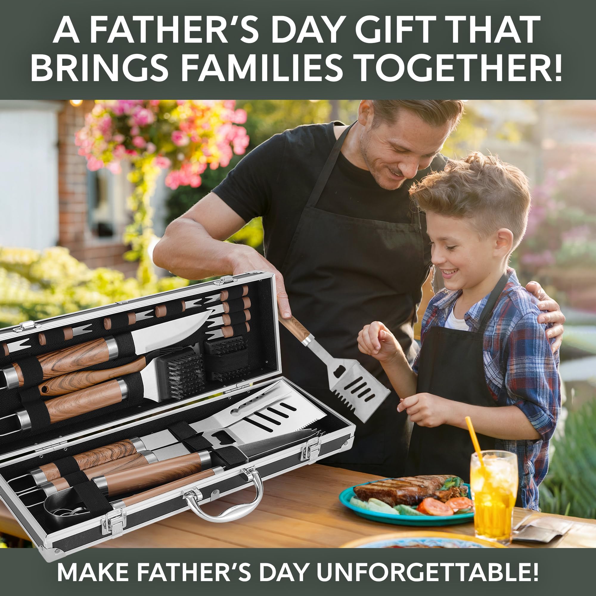 Kaluns tongs, fork, and knife in one set for easy grilling control.