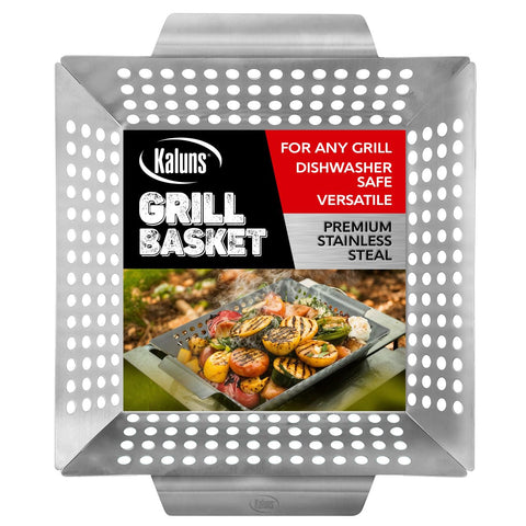 Kaluns heavy-duty grill basket rectangle vegetables for even grilling and easy tossing.
