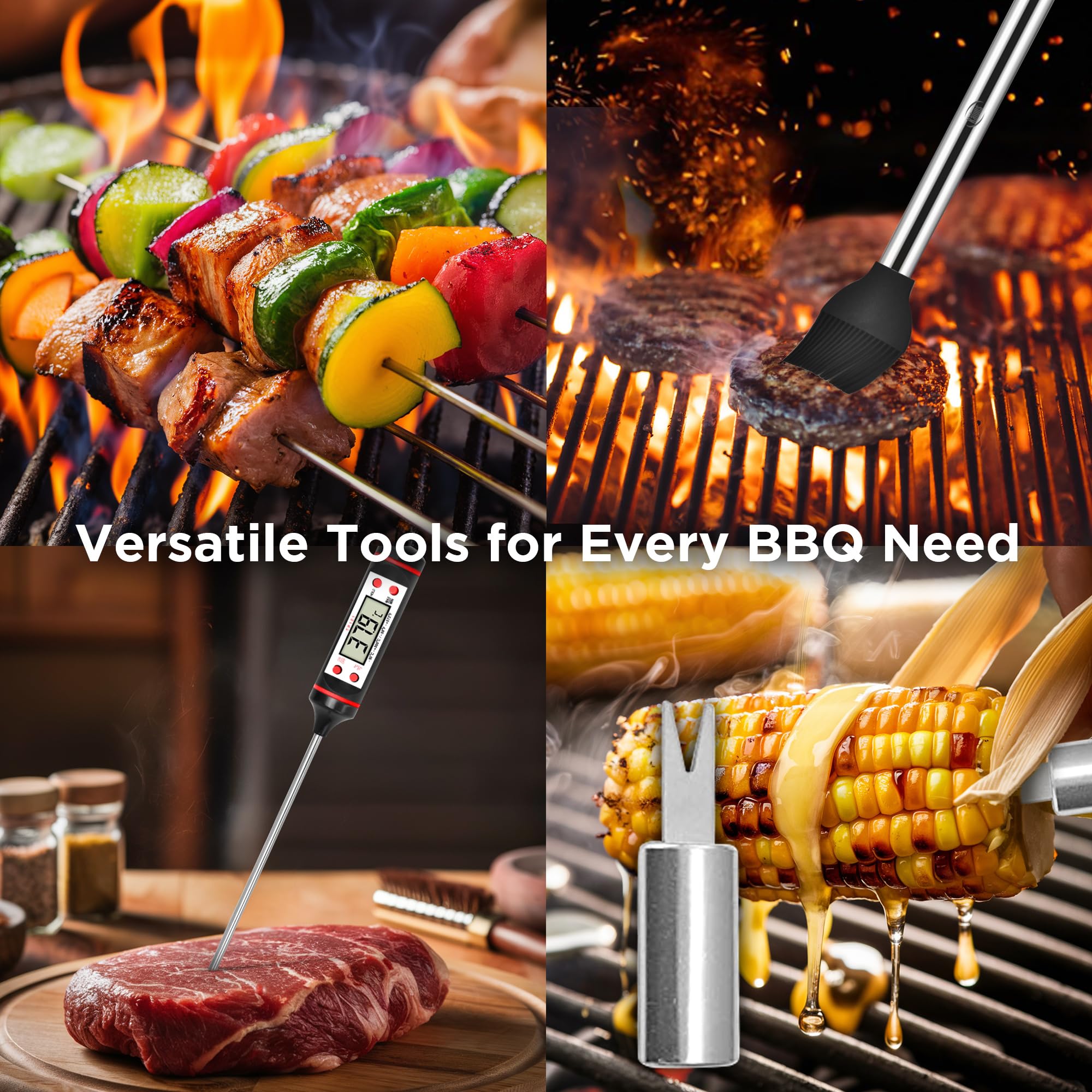 Kaluns skewers and corn holders ideal for even grilling.