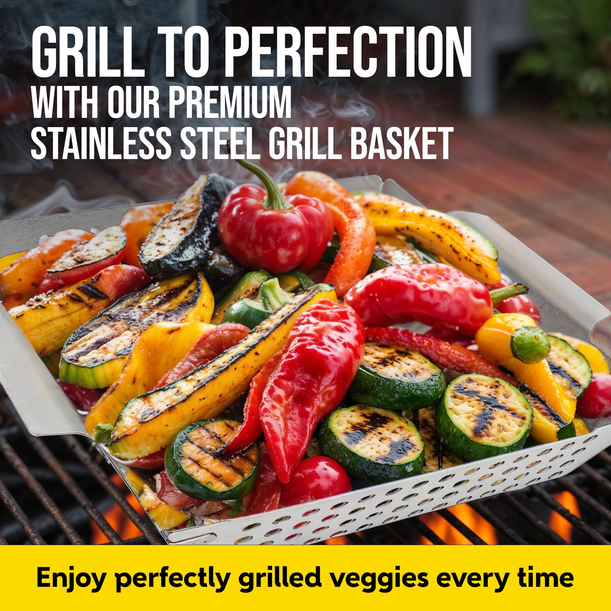 Kaluns stainless steel grill basket keeps vegetables secure during sizzling grilling.