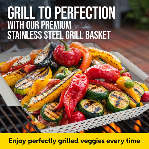 Kaluns stainless steel grill basket keeps vegetables secure during sizzling grilling.