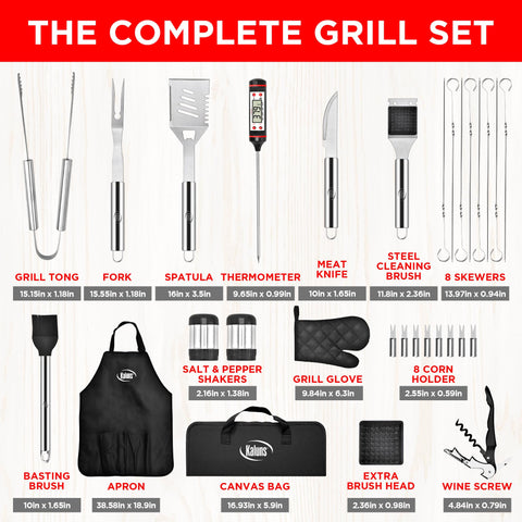 Kaluns tongs, fork, and knife set in stainless steel for durable grilling.