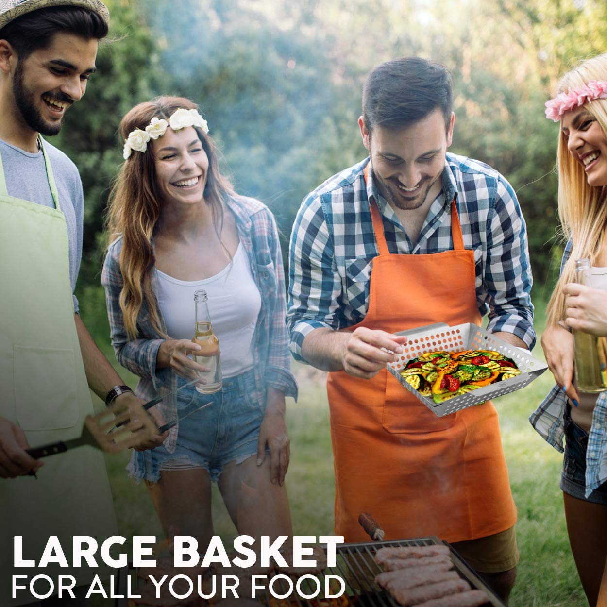 Kaluns versatile grill basket serves vegetables, shrimp, and small bites on the grill.