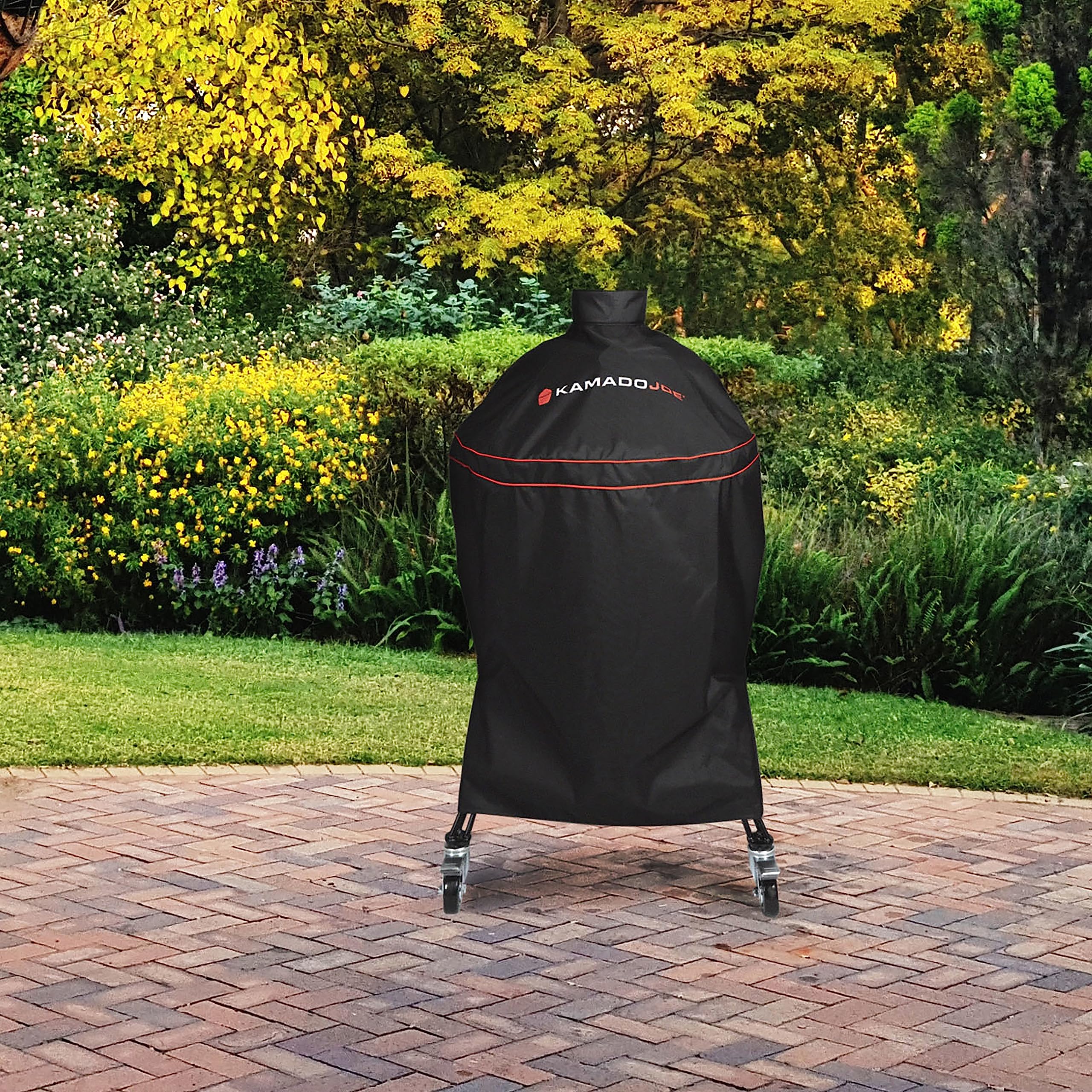 Kamado Joe Big Joe 24-inch cover side view shielding grill from wind and moisture.