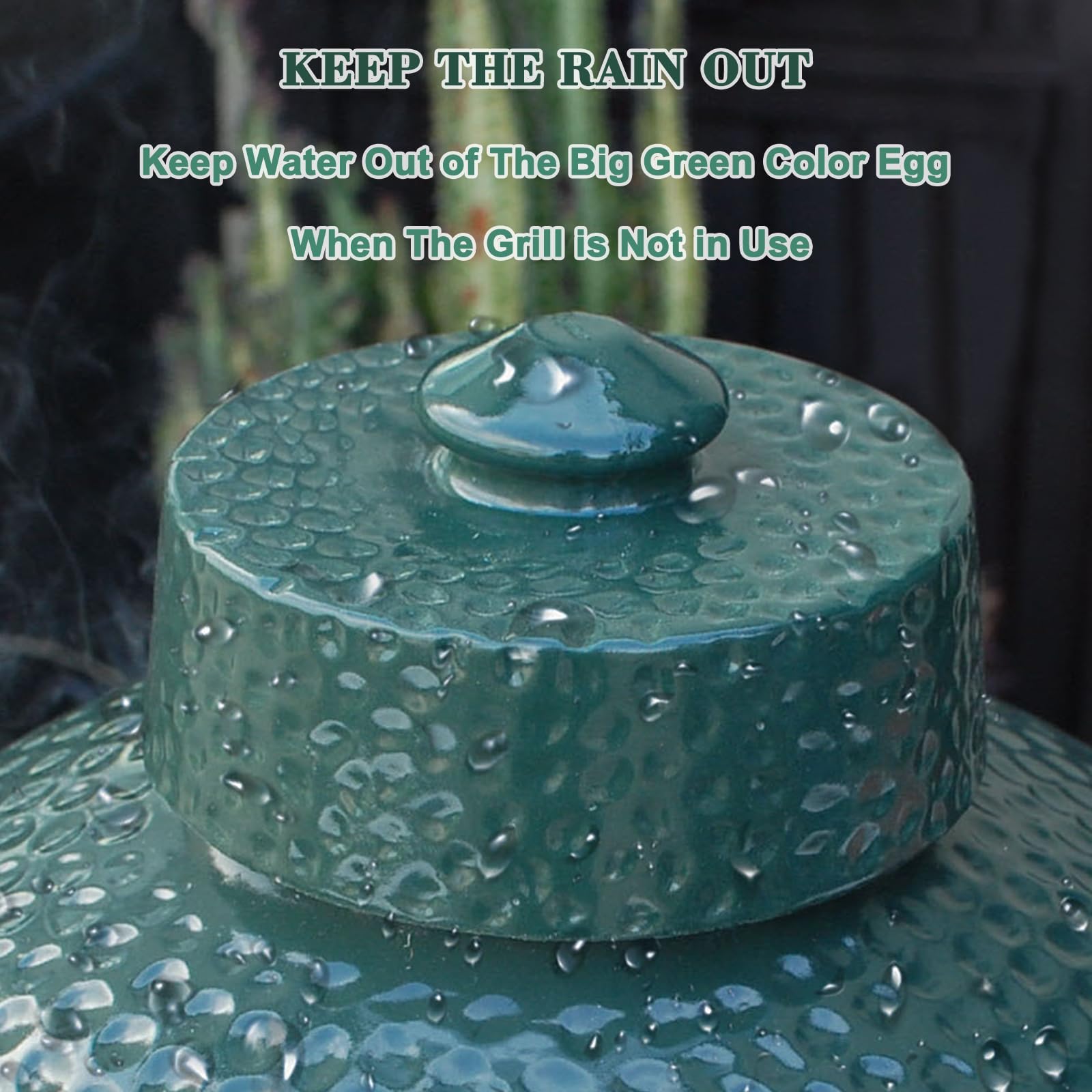 Kamaster rain-protection shot highlights weatherproof cordierite cap shielding the grill outdoors.
