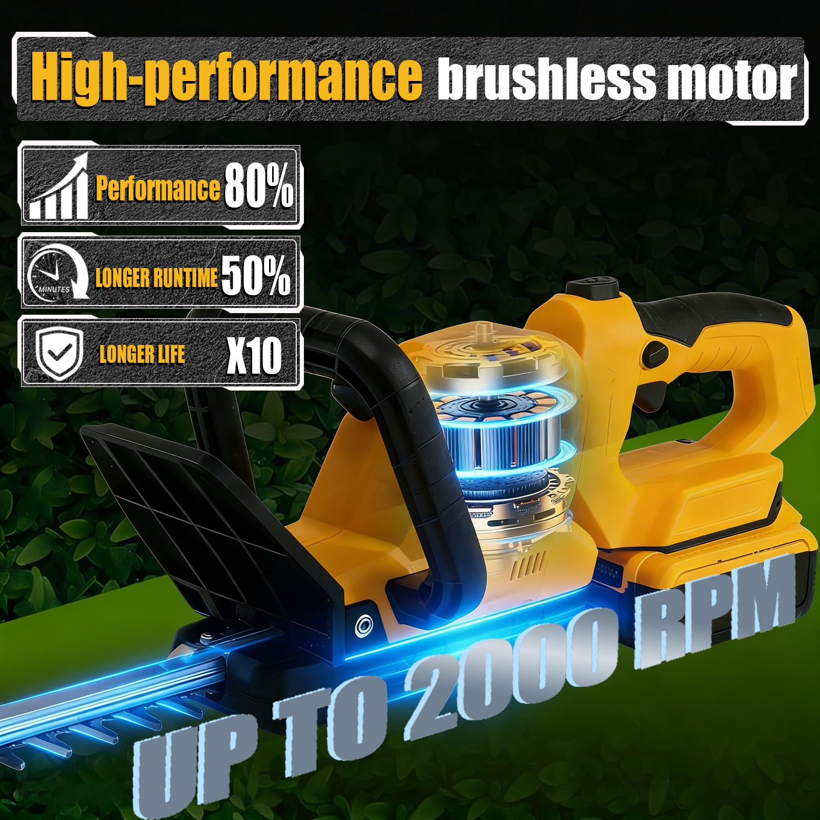 KAMIERTE cordless hedge trimmer with 180° rotating handle for flexible trimming.