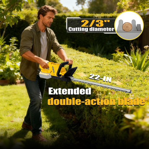 KAMIERTE hedge trimmer featuring 22-inch blades and 2/3-inch cut for thicker branches.