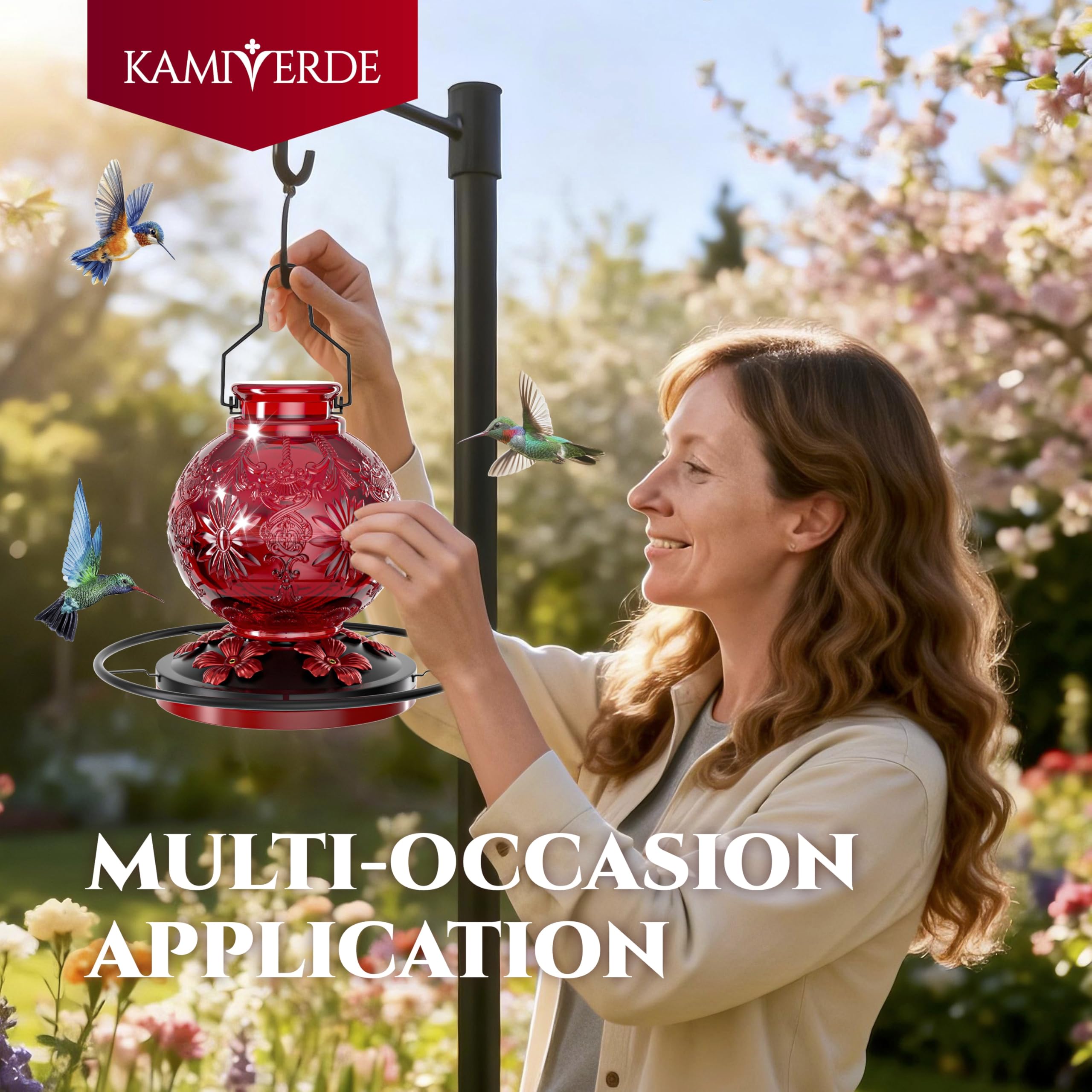 KAMIVERDE decorative red garden feeder blends with garden decor.