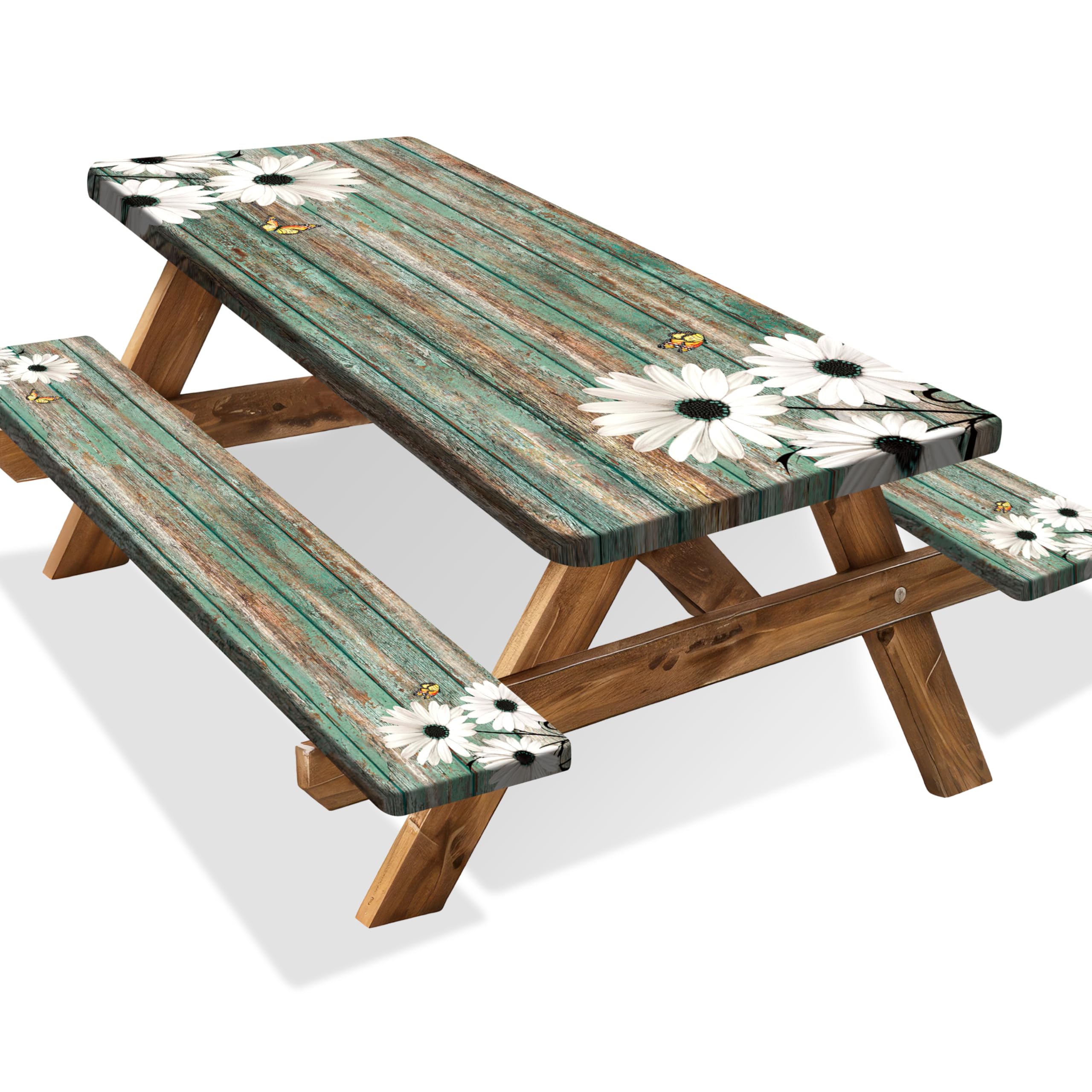 Kamoor daisy wood grain table cover protects outdoor surfaces during picnics.