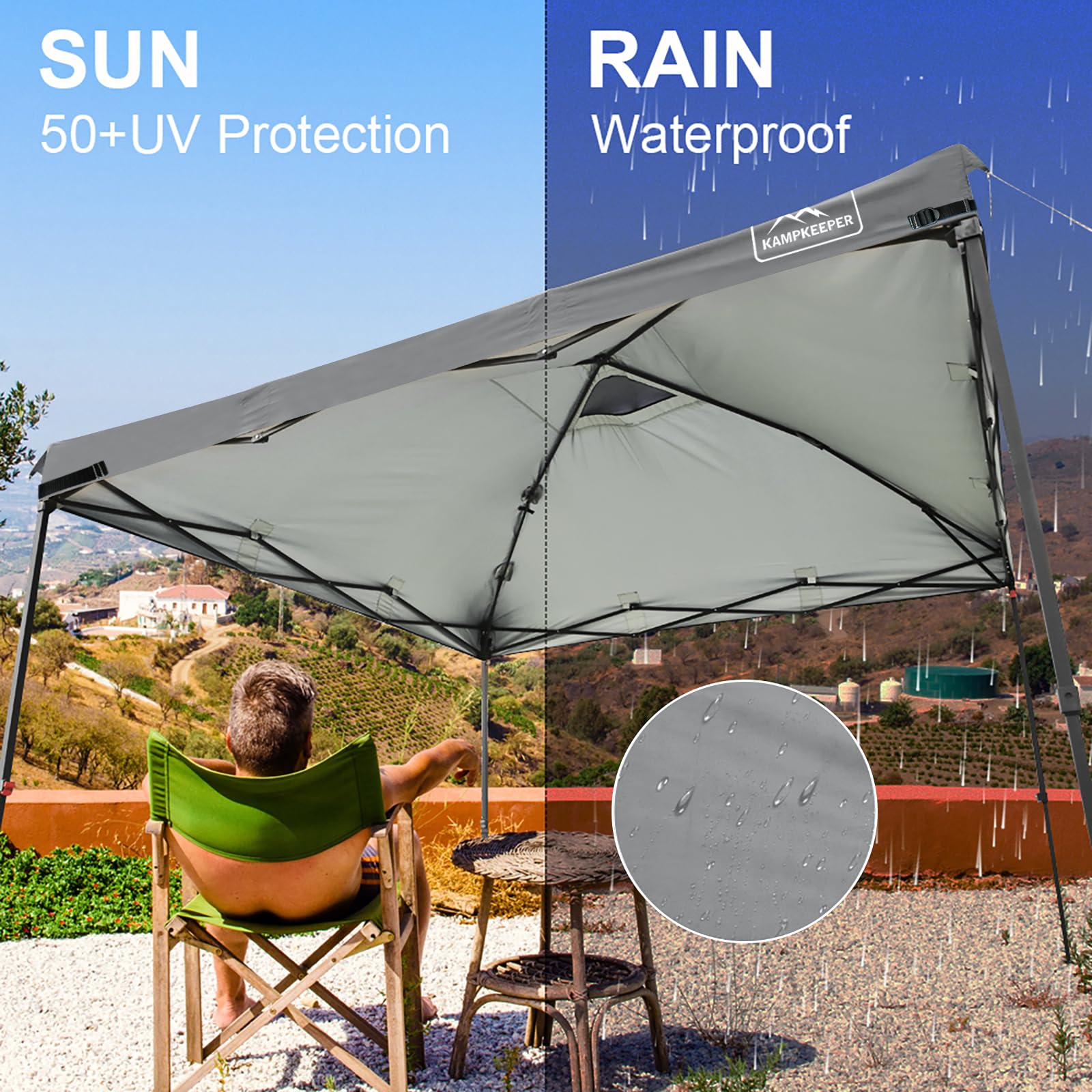 KAMPKEEPER canopy top strap adjustment demonstrates secure fit on frames.