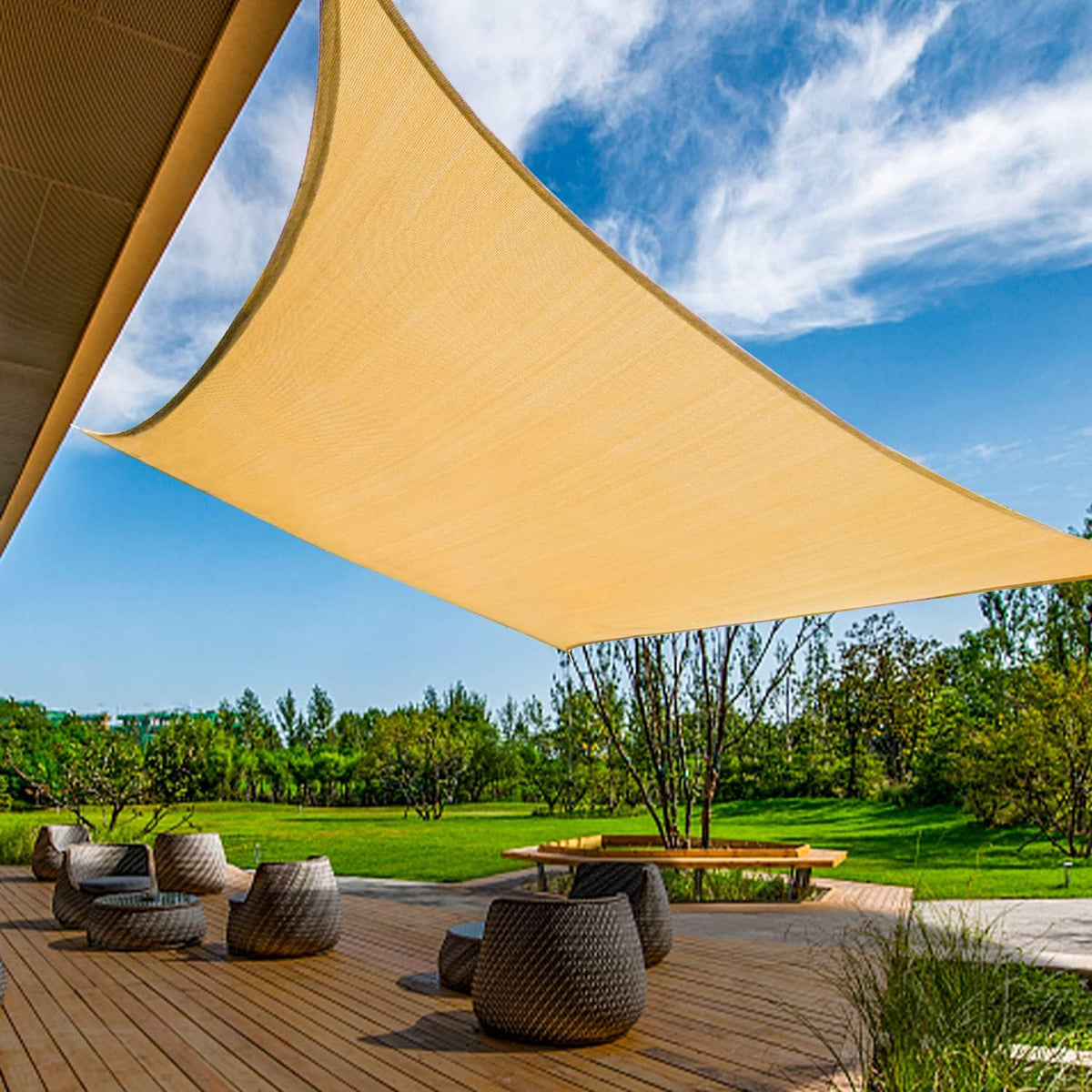 KANAGAWA sun shade sail in sand color provides wide coverage and UV protection.