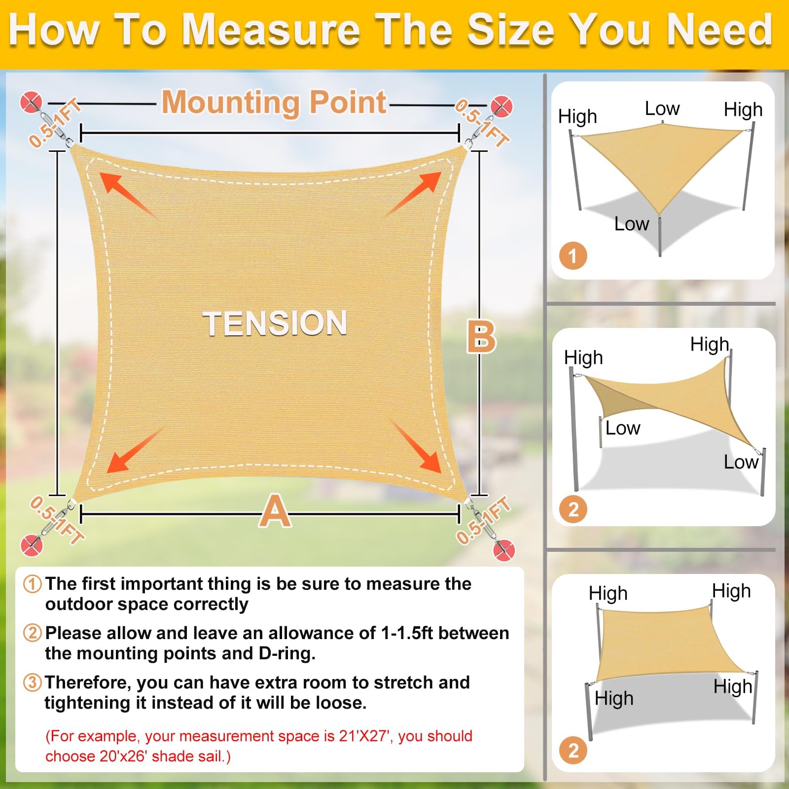 KANAGAWA sun shade sail 20x26 sand showing generous shade for patios