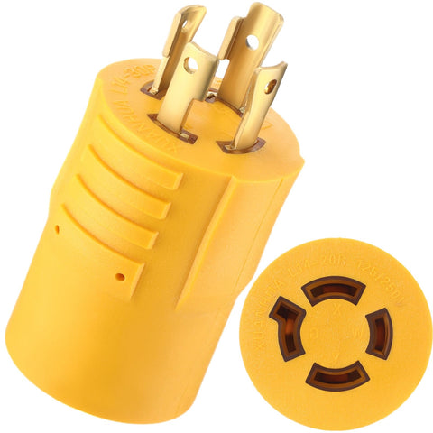 Kanayu generator adapter L14-30P to L14-20R in bright yellow for safe, quick camping power connections.
