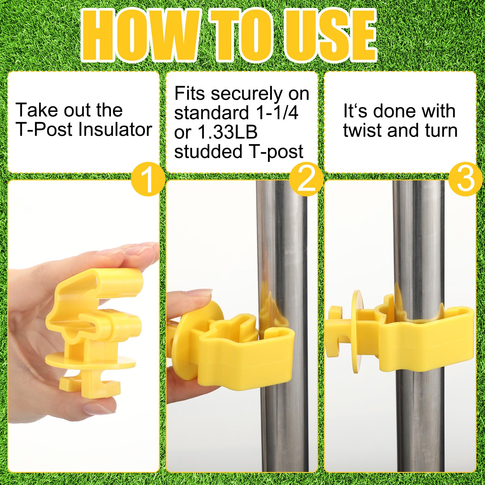 Kanayu yellow T-post insulators increase visibility and safety.