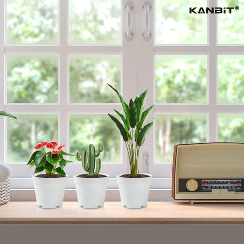 KANBIT 4-inch pot with drainage holes and saucer promotes healthy root aeration.