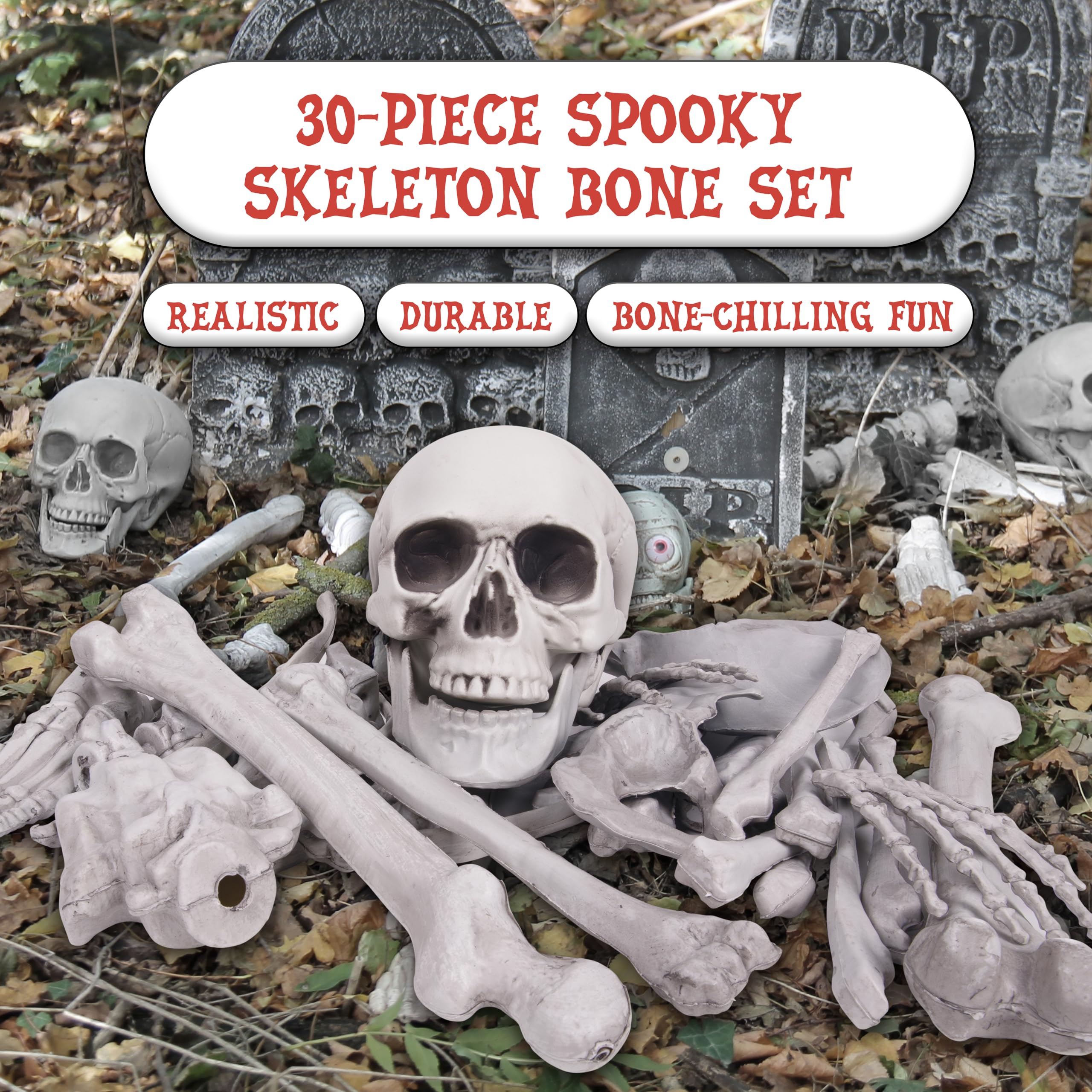 Kangaroo bag of bones storage keeps props organized for year-round reuse.