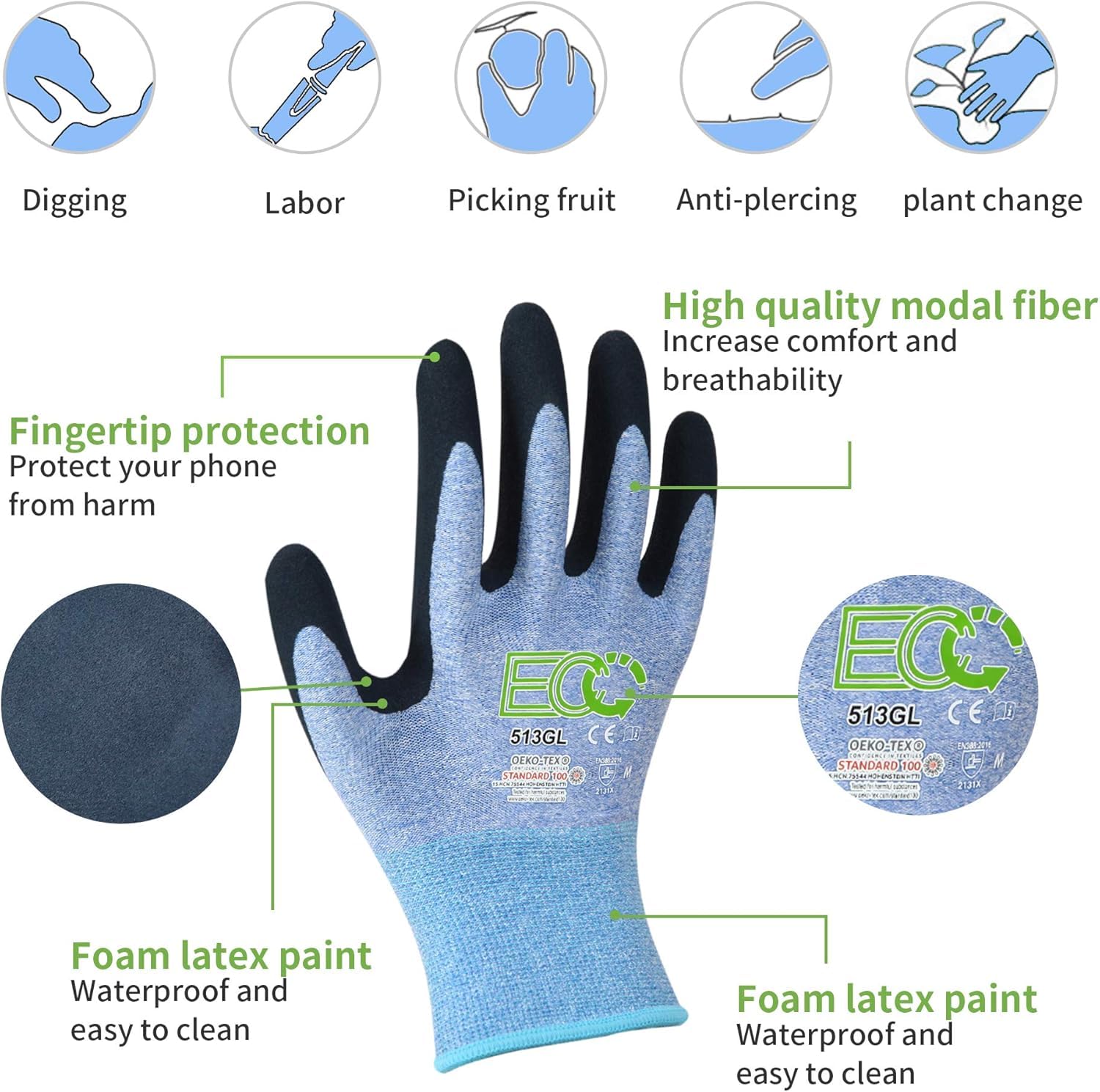 KANGLONGDA blue gardening gloves pair, comfortable protection for outdoor tasks.
