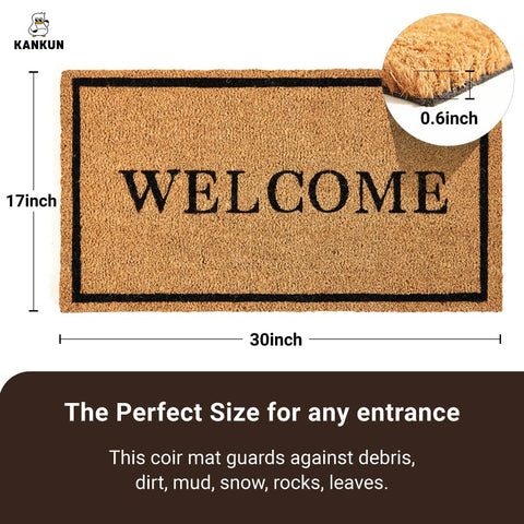 KANKUN Coco Coir Door Mat close-up highlights durable coco fibers that trap dirt at the doorstep.