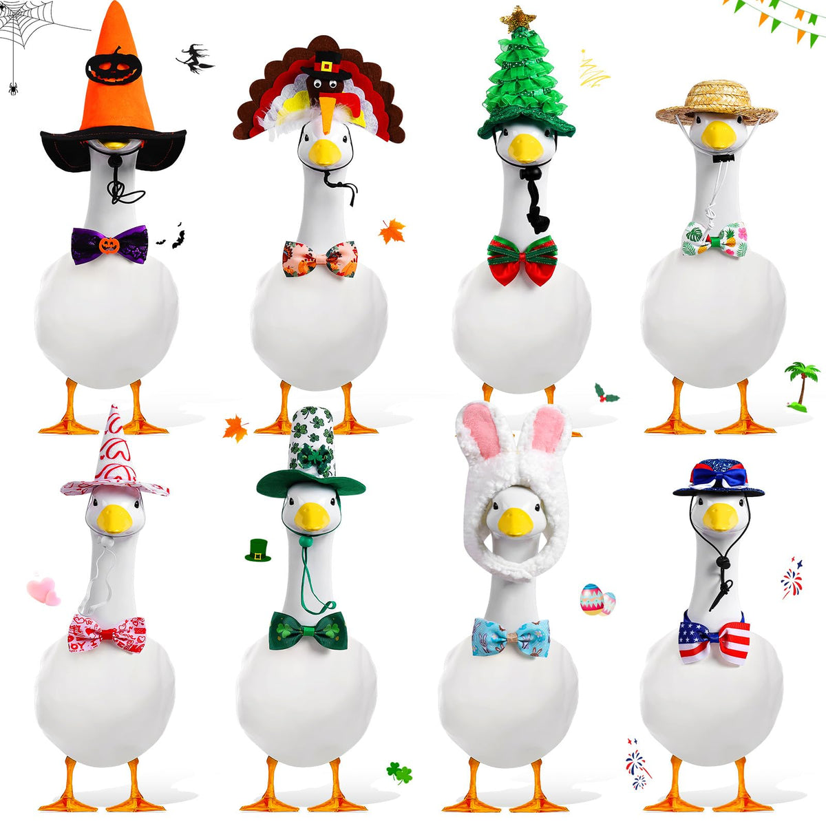 Kanmeii 8-set holiday goose outfits on a porch goose for festive curb appeal.