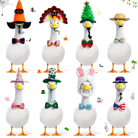 Kanmeii 8-set holiday goose outfits on a porch goose for festive curb appeal.