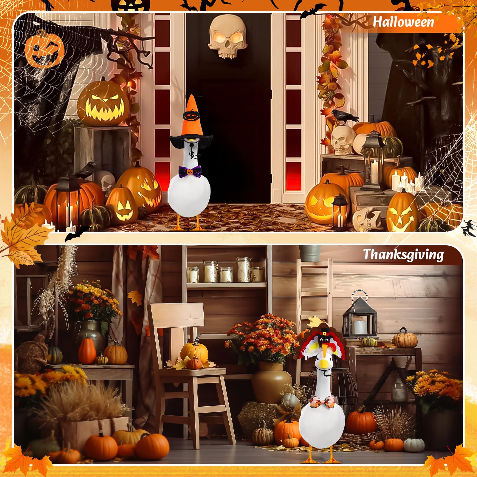 Halloween goose costume adds festive spook to patio.