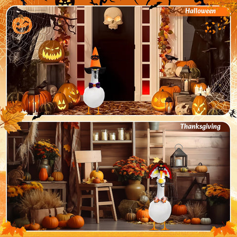 Halloween goose costume adds festive spook to patio.