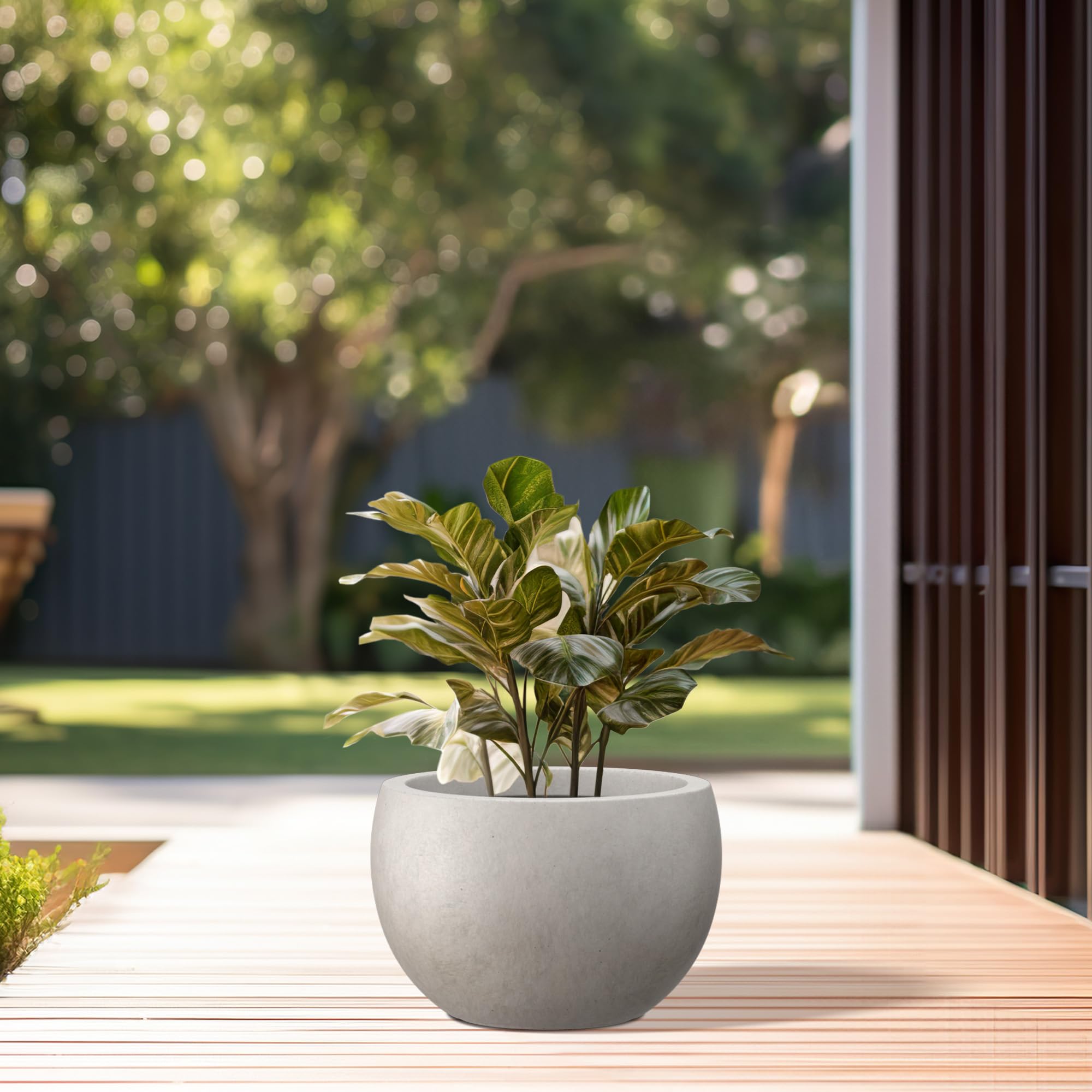 Kante round concrete planter on outdoor patio highlighting weather-ready design.