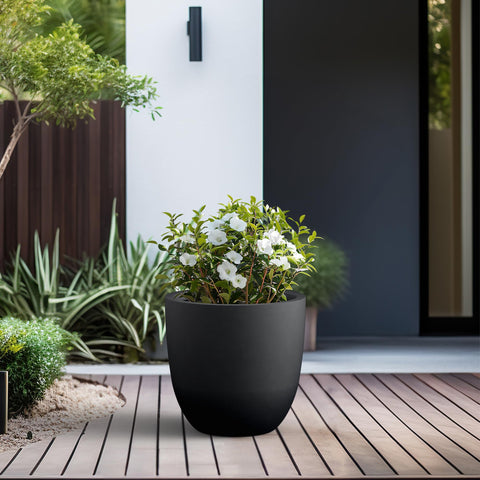 Kante 18-inch round concrete planter placed indoors with lush greenery.
