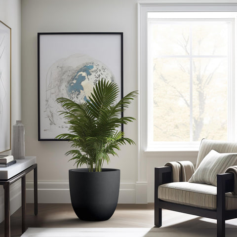 Kante 18-inch round planter showing installed rubber plug for indoor or outdoor use.