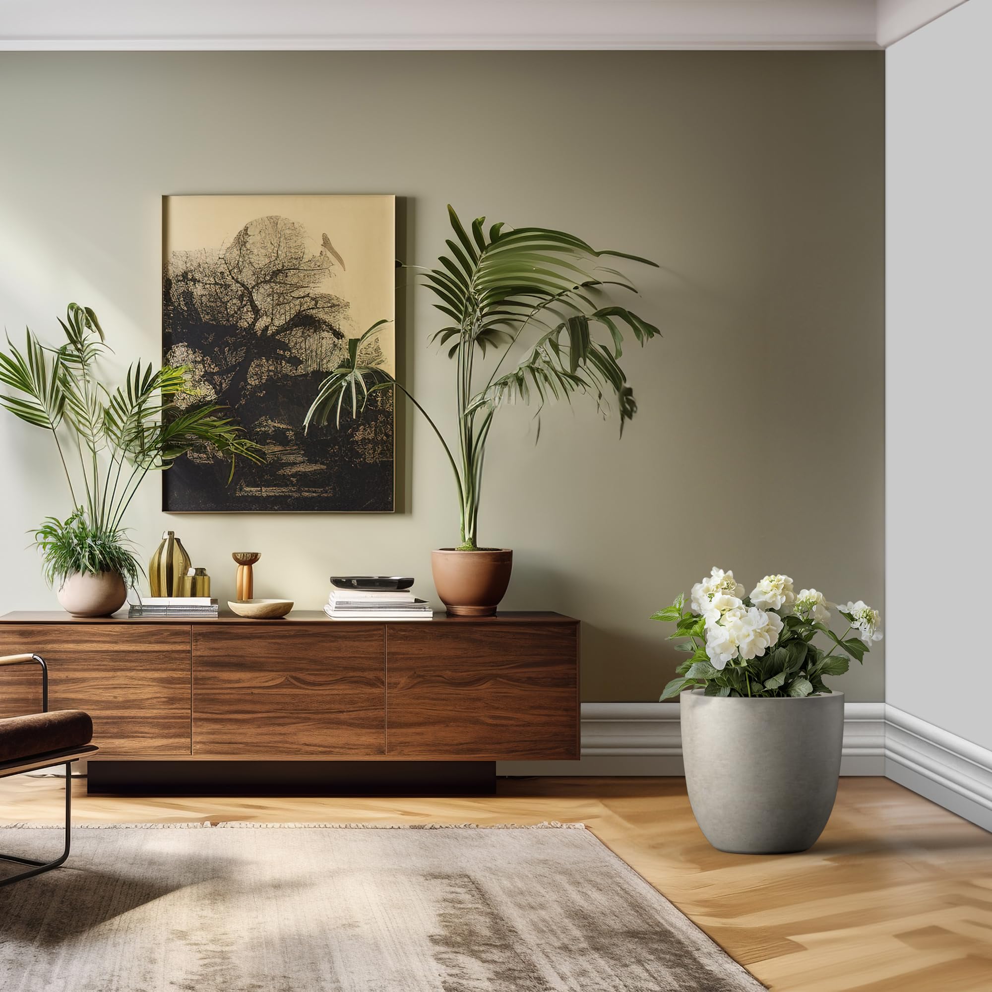 Kante buff planter on outdoor patio blends with any décor.