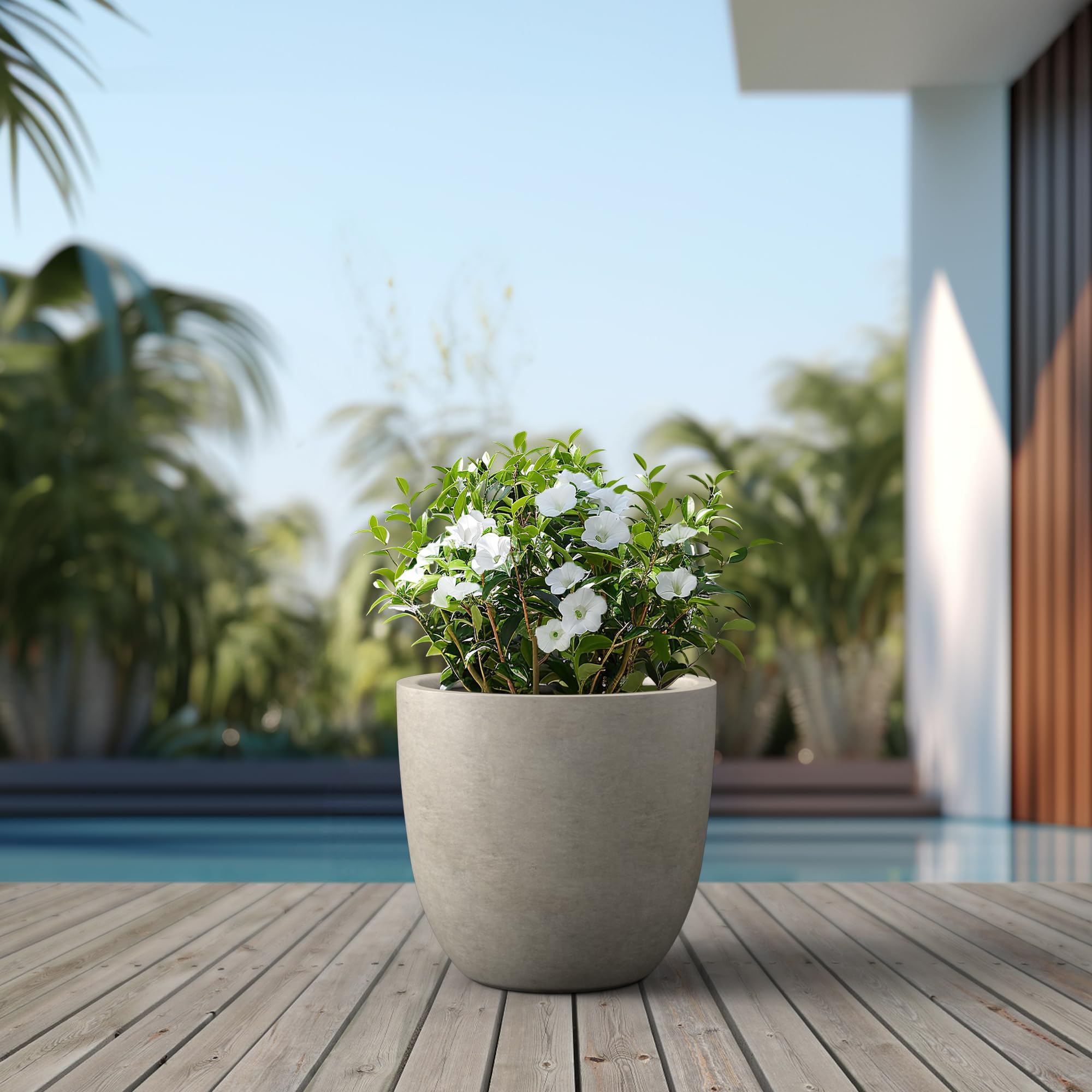 Kante buff planter fiberglass-reinforced durability reduces weight for easy repositioning.