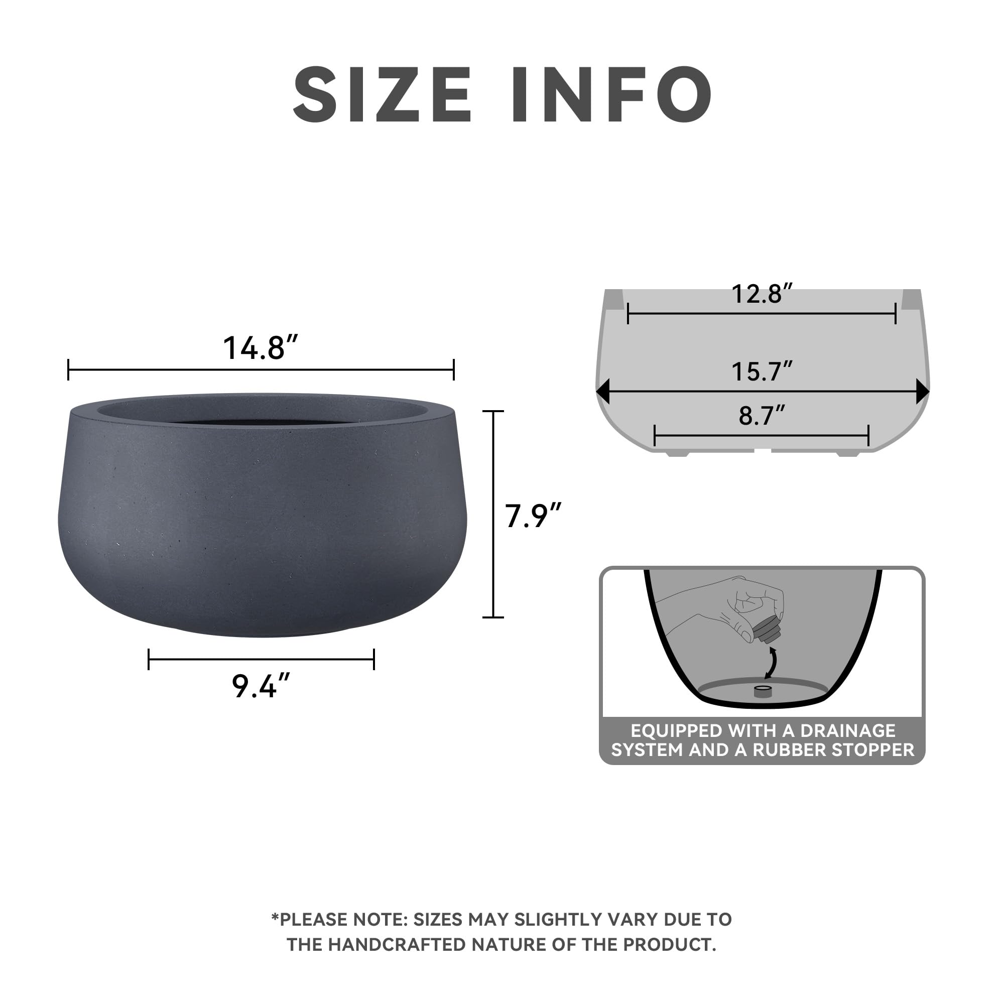 Kante charcoal round concrete planter emphasizes modern aesthetics and outdoor durability.