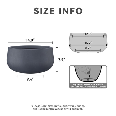 Kante charcoal round concrete planter emphasizes modern aesthetics and outdoor durability.