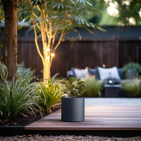 Kante large planter for indoor or outdoor displays accommodates various plants.