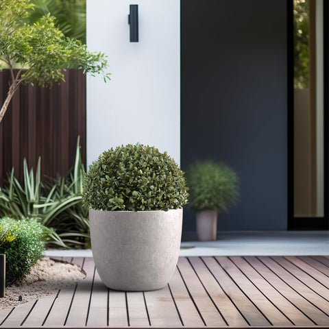 Kante light gray 14-inch planter features durable, weather-resistant construction