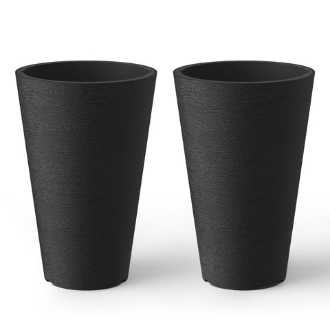 Kante tall round planter front view in black, showcasing generous height for statement plants.