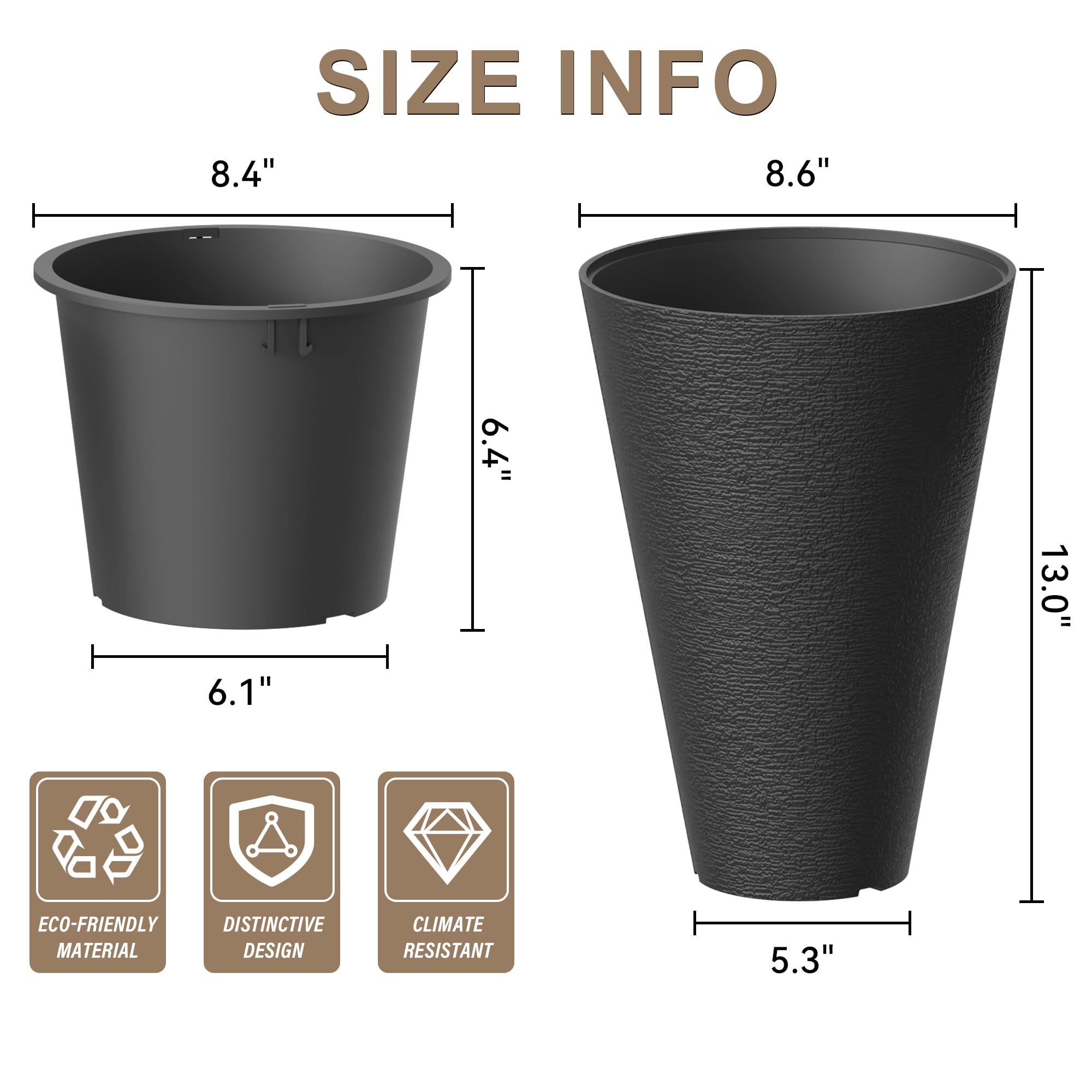 Kante tall round planter side view in black highlighting sleek minimalist silhouette.
