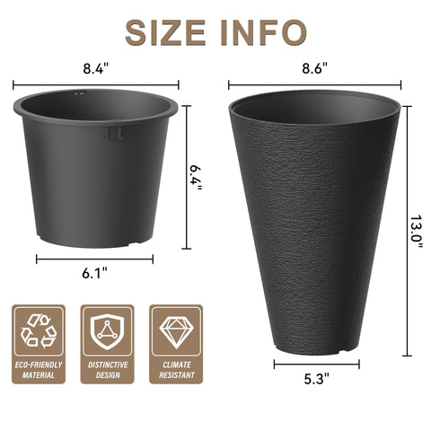 Kante tall round planter side view in black highlighting sleek minimalist silhouette.