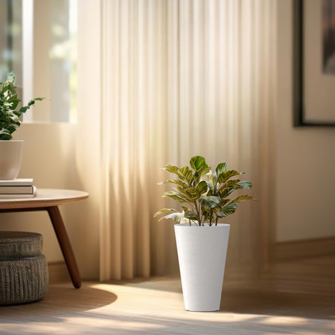 Kante tall round planter drainage holes close-up emphasizes proper moisture control for healthy plants.