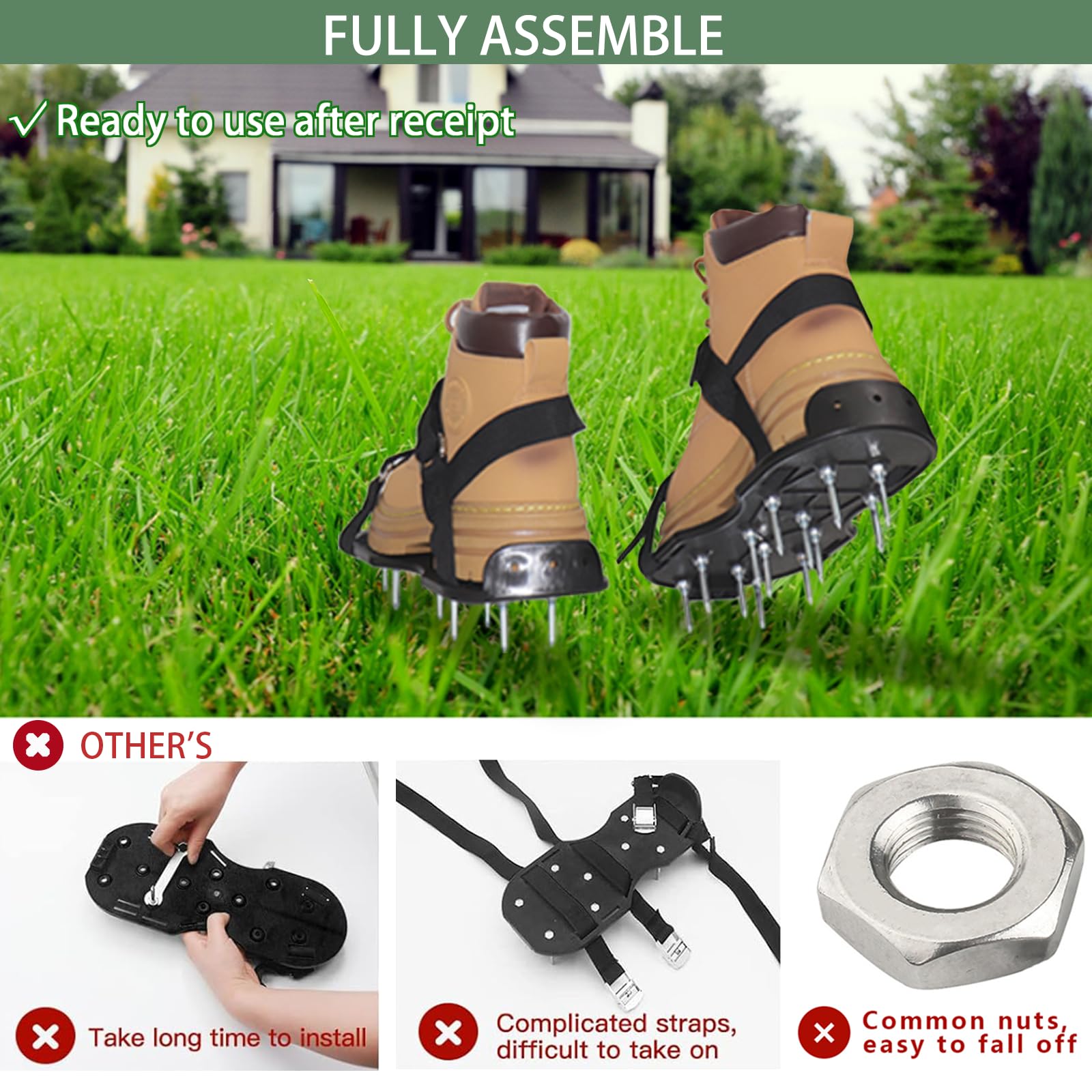 Kaoer aerator shoes with 13 spikes for deep soil aeration.