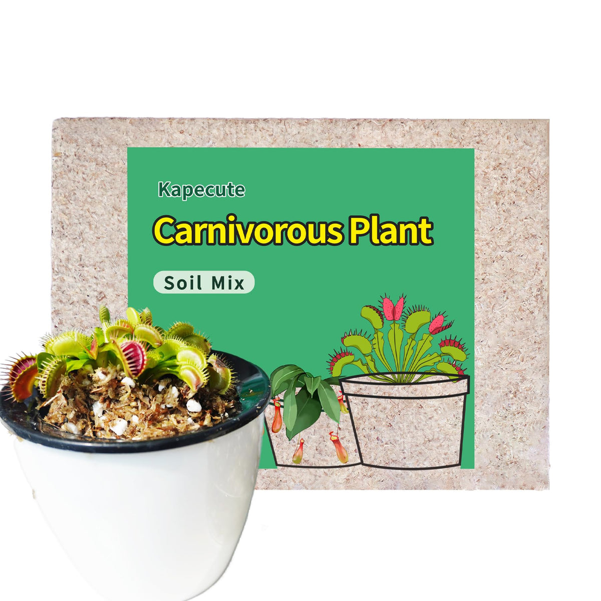 Kapecute 3 Qt carnivorous plant soil mix bag, front view, moisture-retention friendly.